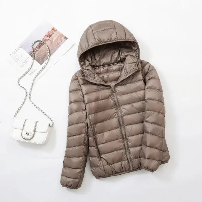 Hoody Duck Down Jacket Women Fashion Puffer Coat Autumn Zipper Ultra Light Warm Coat Female Out Portable Down Jacket Winter