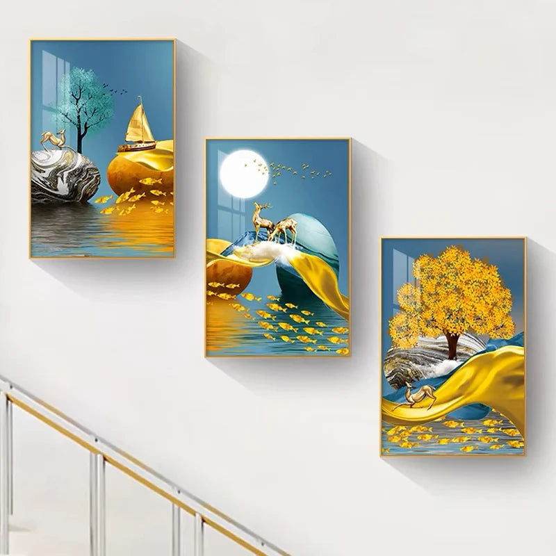 Luxury Set Gold Canvas Poster Modern Wall Art Abstract Still Life Crystal Porcelain Painting for Living Room Home Decor